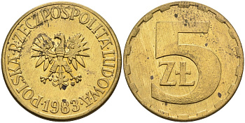 Польша 5 злотых 1983 MW, Народная Республика KM 81.1, Parchimowicz 221h латунь aUNC 4548-1044