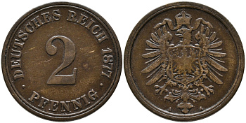 ГЕРМАНИЯ 2 ПФЕННИГА 1877 А, СТАРОГЕРБОВКА KM 2, J.2 медь 4110-1737