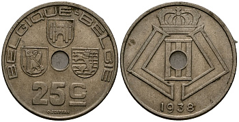 Бельгия 25 сантимов 1938 Belgique - Belgie KM 114 никель латунь 4583-445