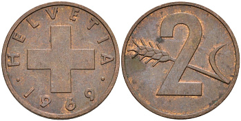 Швейцария 2 раппена 1969 KM 47 бронза 4561-353