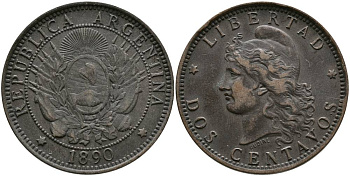 Аргентина 2 сентаво 1890 голова свободы влево KM 8 бронза 4531-931
