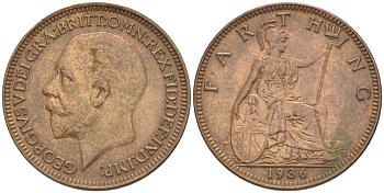 Великобритания 1 фартинг 1936 Георг V (1910-1936) KM 825, Spink 4061 бронза 4543-1056