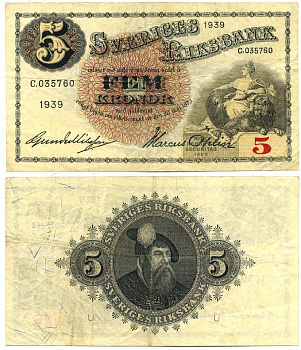 Швеция 5 крон 1939 король Густав I Pick 33v бумага 7221-3-2-1