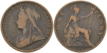 Великобритания 1 пенни 1897 Виктория (1837-1901) KM 790, Spink 3961 бронза 221-144