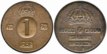 Швеция 1 эре 1970 U Густав VI Адольф (1950-1973) KM 820 бронза 100-1037