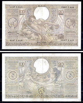 Бельгия 100 франков 1933 Королева Елизавета, король Альберт, аллегорическая женщина ("Сельское хозяйство") Аллегорические фигуры - реки Мозель (Mosa) и Шельда (Scaldis) Pick 107 бумага 6312-65-2-2