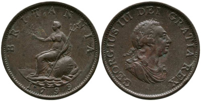 Великобритания 1/2 пенни 1799 Георг III (1760-1820) KM 647, Spink 3778 медь 1518-631