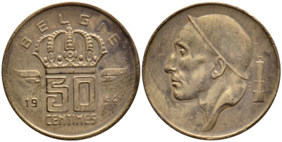 БЕЛЬГИЯ 50 САНТИМОВ 1954 BELGIE KM 145 бронза 4392-763