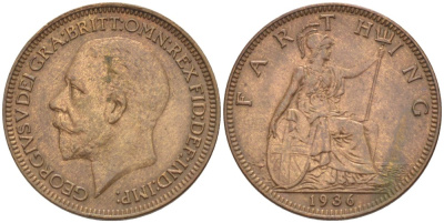 Великобритания 1 фартинг 1936 Георг V (1910-1936) KM 825, Spink 4061 бронза 4543-1056