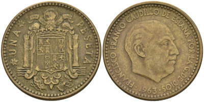 Испания 1 песета 1963 (?) Франсиско Франко (1939-1975) KM 775 алюминиевая бронза 3336-731