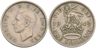 Великобритания 1 шиллинг 1949 Георг VI (1936-1952), Английский герб KM 876, Spink 4108 медно-никель 4561-737