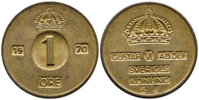 Швеция 1 эре 1970 U Густав VI Адольф (1950-1973) KM 820 бронза 4392-128