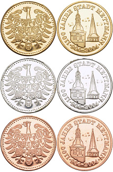 Германия набор из 3 жетонов 2004 1100 лет городу Меттман, в земле Северный Рейн-Вестфалия, в трех металлах, в коробке UNC 5-6-1-36