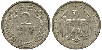 Германия 2 рейхсмарки 1926 A цена по каталогу МТ 25 евро J. 320, KM 45 серебро 00-00