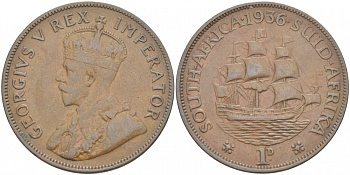 ЮАР 1 ПЕННИ 1936 ПАРУСНИК, ГЕОРГ V KM 14.3 бронза 215-323