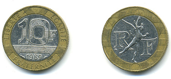 Франция 10 франков 1989 тип гений Бастилии KM 964.1, Le Franc 375.3 биметалл 176-1213