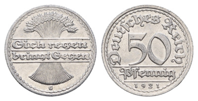 Германия 50 пфеннигов 1921 G KM 27, J. 301 алюминий UNC 3856-1031