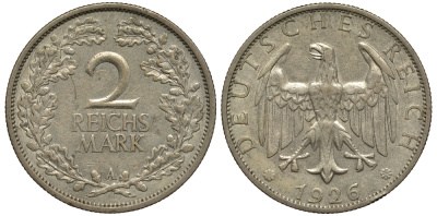 Германия 2 рейхсмарки 1926 A цена по каталогу МТ 25 евро J. 320, KM 45 серебро 00-00