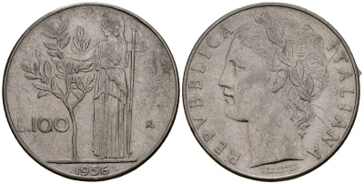 Италия 100 лир 1956 KM 96.1 нержавеющая сталь 4165-1023
