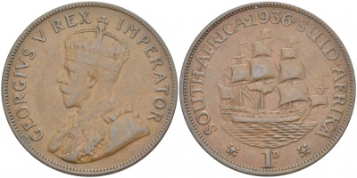 ЮАР 1 ПЕННИ 1936 ПАРУСНИК, ГЕОРГ V KM 14.3 бронза 215-323