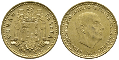 ИСПАНИЯ 1 ПЕСЕТА 1966 (70) ФРАНСИСКО ФРАНКО ДИКТАТОР ИСПАНИИ (1939-1975) КМ 796 алюминиевая бронза 4364-4416