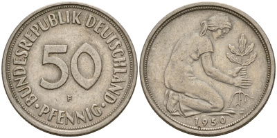 ФРГ 50 пфеннигов 1950 F J. 384, KM 109.1 медно-никель    4602-717