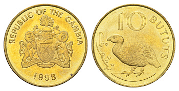 Гамбия 10 бутутов 1998 год-тип KM 56 сталь плакированная латунью UNC 4666-452