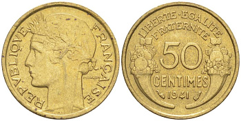ФРАНЦИЯ 50 САНТИМОВ 1941 ТИП MORLON KM 894.1, LE FRANC 192.18 алюминиевая бронза 44-532