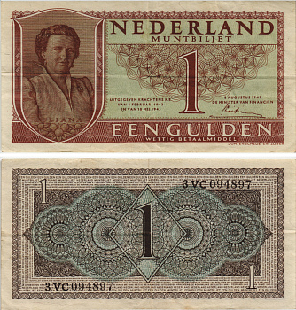 НИДЕРЛАНДЫ 1 ГУЛЬДЕН 1949 8 АВГУСТА 1949, КОРОЛЕВА ЮЛИАНА Pick 72 бумага 8604-12-1-2