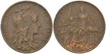 Франция 10 сантимов 1914 KM 843 бронза 221-821