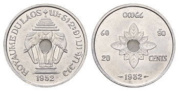 Лаос 20 сантимов 1952 год-тип KM 5 алюминий UNC 4678-321