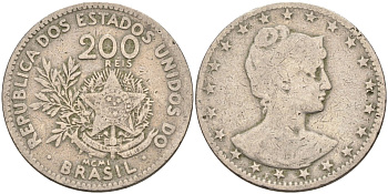 Бразилия 200 рейс 1901 голова свободы вправо KM 504 медно-никель 4589-1052