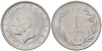 Турция 1 лира 1971 Мустафа Кемаль Ататюрк KM 889a.2 нержавеющая сталь 4584-1027