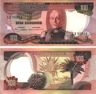 АНГОЛА 100 ЭСКУДО 1972 24 НОЯБРЯ 1972, МАРШАЛ КАРМОНА Pick 101 бумага aUNC 7116-45-3-1