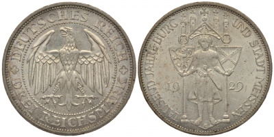 Германия 3 марки 1929 E, 1000 лет городу и земле Майсен Jaeger 338, KM 65 серебро  UNC 00-813-30