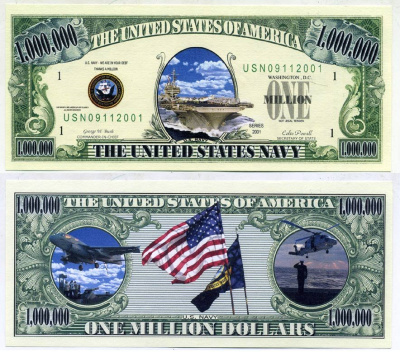 США 1000000 долларов 2001 сувенирная банкнота, серия армия США, ВМФ, Джон Буш, Коллин Пауэл бумага UNC (пресс) 7203-12-3