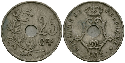 Бельгия 25 сантимов 1908 Belgique KM 62 медно-никель 4168-1135