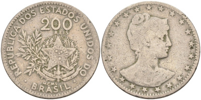 Бразилия 200 рейс 1901 голова свободы вправо KM 504 медно-никель 4589-1052