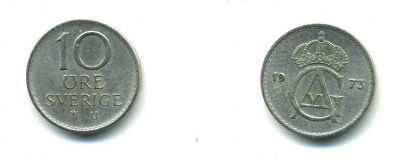 Швеция 10 эре 1973 U, Густав VI Адольф (1950-1973) KM 835 медно-никель 54-1151