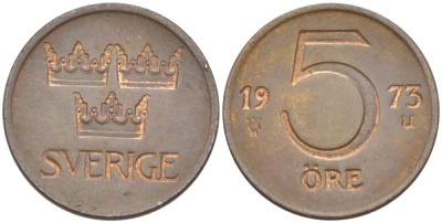 Швеция 5 эре 1973 U, Густав VI Адольф (1950-1973) KM 845 бронза 4523-243