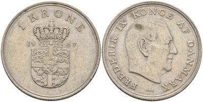 Дания 1 крона 1967 C; S, Фредерик IX (1947-1972) KM 851.1 медно-никель 4605-737