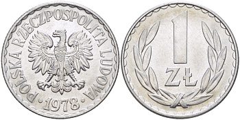 ПОЛЬША 1 ЗЛОТЫЙ 1978 КРЕМНИЦА KM 49.1, Parchimowicz 213r алюминий UNC 216-833