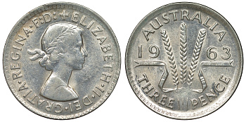 Австралия 3 пенса 1963 m, Елизавета II (1952-2022) KM 57 серебро 71-926