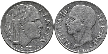 ИТАЛИЯ 20 ЧЕНТЕЗИМО 1940 R, ВИКТОР ИМАНУИЛ, XVIII ГОД, НЕМАГНИТНАЯ KM 75d нержавеющая сталь 83-1056