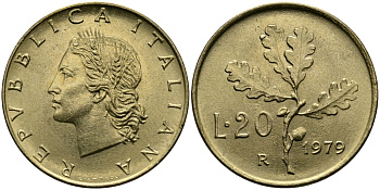 ИТАЛИЯ 20 ЛИР 1979 R KM 97.2 алюминиевая бронза 98-152