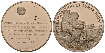 США МЕДАЛЬ ND ПЕРВЫЕ ЭКСПЕРИМЕНТЫ НА ЛУНЕ, АПОЛЛОН 16, 39 мм, 24,2 гр Латунь PROOF 05-122-12
