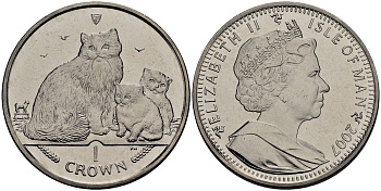 Остров Мэн 1 крона 2007 кошка рэгдолл с котятами КМ 1307.1 медно-никель UNC 118-232