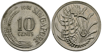 Сингапур 10 центов 1981 морской конёк KM 3 медно-никель 4138-952