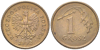 Польша 1 грош 1992 Y 276 марганец латунь UNC 4614-563