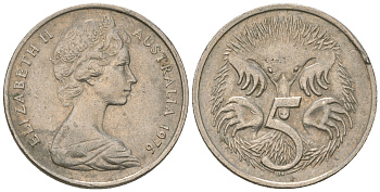 Австралия 5 центов 1976 Елизавета II (1952-2022), ехидна KM 64 медно-никель 4668-1163